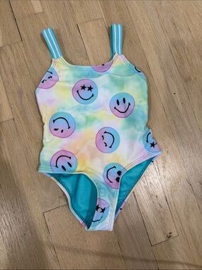 Limeapple Pastel Tie-Dye Smiley One-Piece Swimsuit with Teal Straps